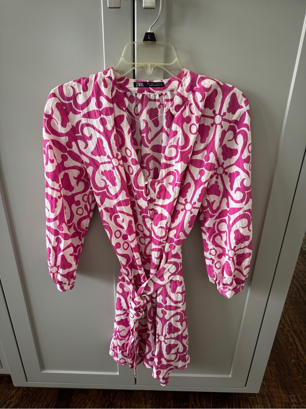 Zara Fuchsia and White Printed Tie-Waist Dress